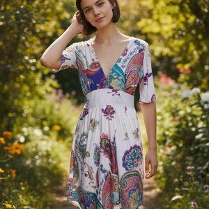 Radzoli Colorful Paisley V-Neck Dress Large